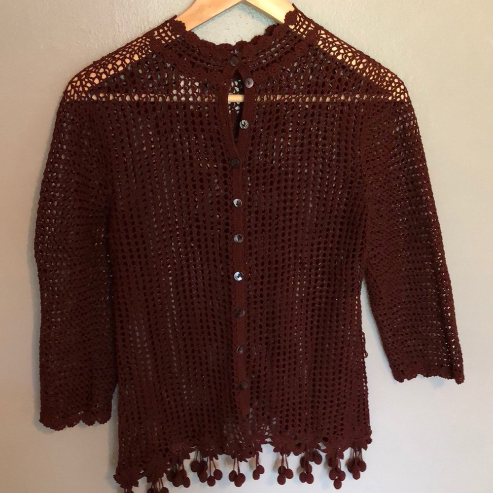 Crochet Openwork Women's Sweater Cardigan - Rust - Picture 4 of 6